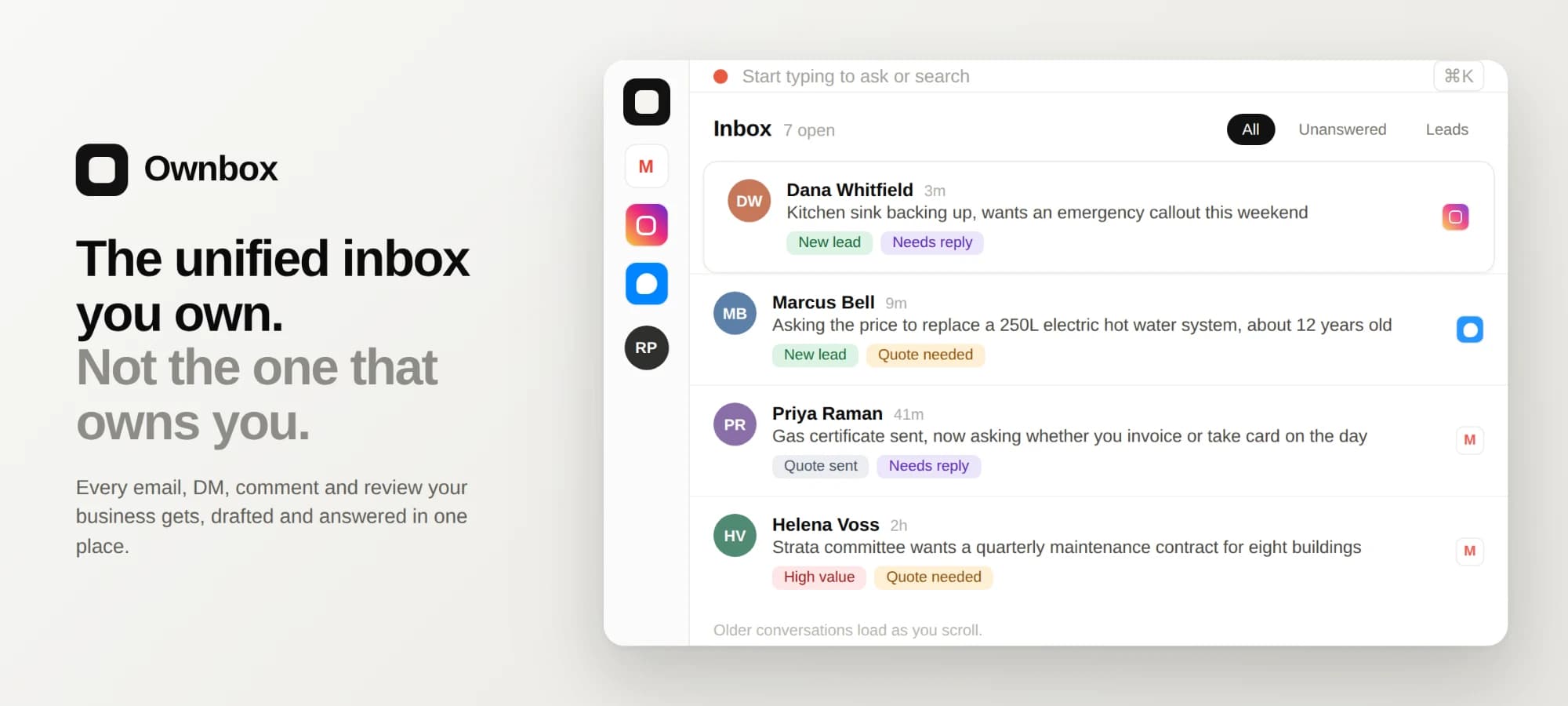 The Ownbox promo card: the Ownbox mark, the line "The unified inbox you own. Not the one that owns you.", and four conversations from Instagram, Messenger and email in one list